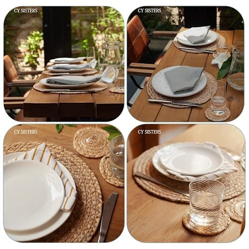 CY SISTERS Woven Placemats Round Placemats Set of 6, 13.5 Inch Wicker Placemat Circle Rattan Placemats Farmhouse Boho Braided Natural Water Hyacinth Place Mats for Indoor & Outdoor Table Decor thumbnail 6