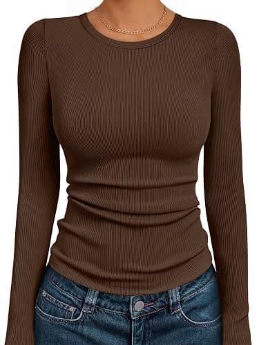 AUTOMET Women's Ribbed Long Sleeve Basic Top - Soft Stretch Crewneck Shirt for Work & Casual - Image 1