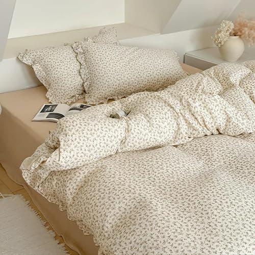 BuLuTu Muslin Kids Duvet Cover for Full Size Bed, Vintage Farmhouse Duvet Covers with Ruffles, Soft Cotton Comforter Cover, Camellia, Zipper Closure & Corner Ties, No Comforter thumbnail 6