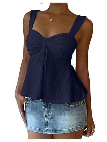 Milumia Women's Eyelet Tie Front Ruched Tank Tops Y2k Going Out Peplum Top | Babydoll, Sexy Slim Fit, Sleeveless, Flowy, Summer, Beach Vacation Outfits, Country Concert - Image 1