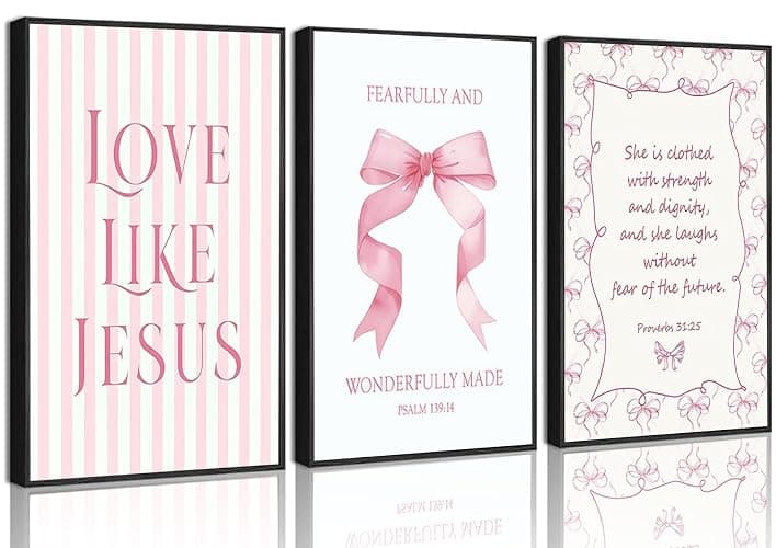3Pcs Pink Christian Wall Art Coquette Bow Canvas Poster Print Inspirational Bible Verses Eclectic Aesthetic Preppy Painting Wall Decor for Teen Girls Bedroom Apartment 12x16in Unframed - Image 1