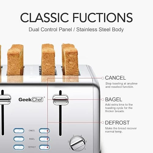 Toaster 4 Slice, Geek Chef Stainless Steel Toaster with Extra Wide Slots，4 Slot Toaster with Bagel/Defrost/Cancel Function, Dual Control Panel of 6 Toasting Bread Shade Settings, Removable Crumb Trays, High Lift Lever, ETL thumbnail 6