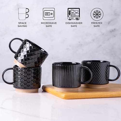 GBHOME 12OZ Stackable Coffee Mugs, Ceramic Coffee Mugs with Texture Patterns for Man,Woman,Dad,Mom, Modern Coffee Mugs Set of 4 for Latte/Cappuccino/Cocoa. Dishwasher&Microwave Safe, Black thumbnail 6