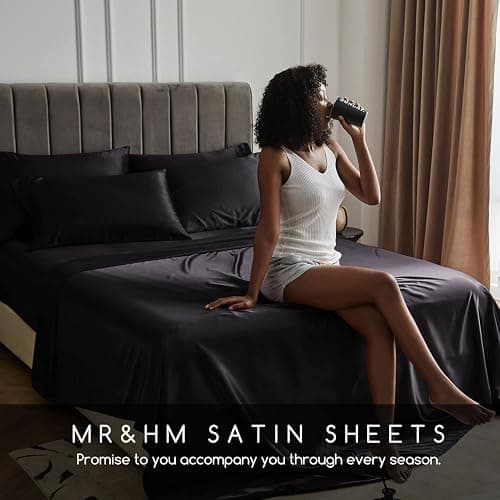 MR&HM Satin Bed Sheets, Full Size Sheets Set, 6 Pcs Silky Bedding Set with 15 Inches Deep Pocket for Mattress (Full, Black) thumbnail 7