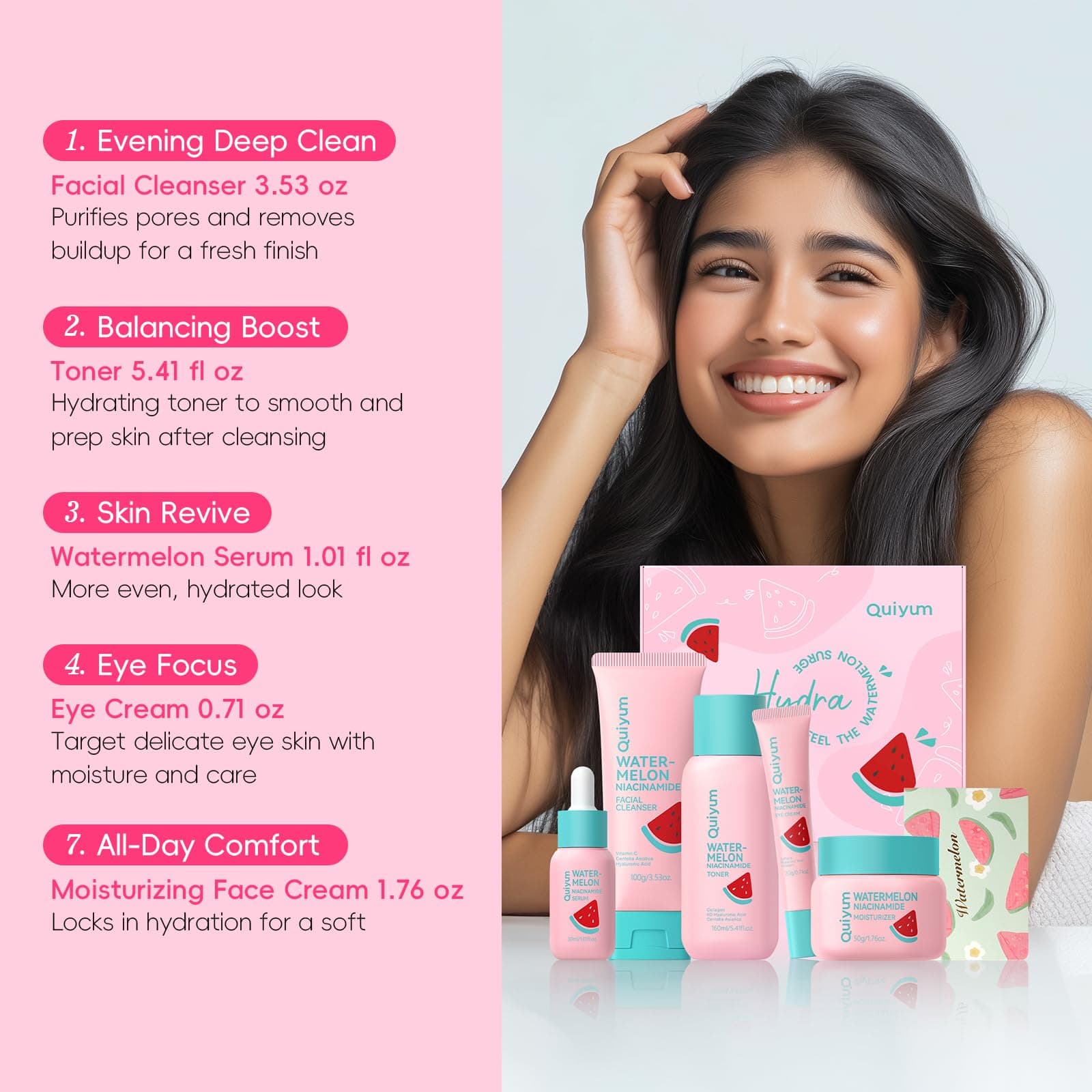 Watermelon Skin Care Set, 5 Daily Routine Beauty Skin Care for Teens 10-12 - Gift Set with Cleanser, Toner, Eye Cream, Cream, Serum, Facial Care Set for Women, Girls, Travel Sets, for All Skin Types thumbnail 7