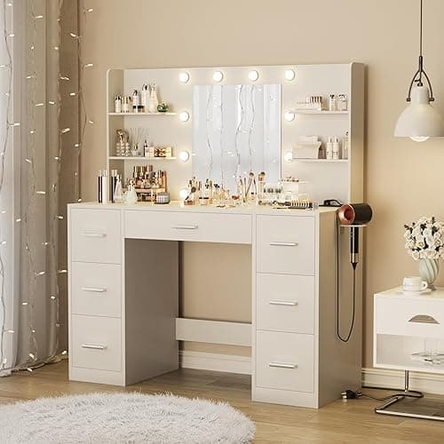 Furmax Vanity Desk with Mirror, LED Lights and Power Outlet Makeup Vanity Table with 7 Drawers and 6 Storage Shelves Dressing Table for Bedroom Dressing Room (White) thumbnail 3