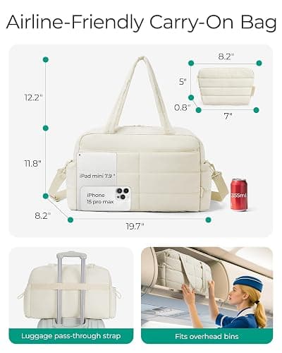 BAGSMART Gym Bag for Women, Lightweight Puffer Duffle Bag 2-PC Travel Bag, 31L Weekender Overnight Bag Quilted Carry On Tote Bag, Diaper Hospital Dance bag for Travel, Gym, Water Resistant, Beige thumbnail 3