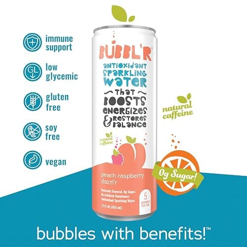 BUBBL'R peach raspberry dazzl'r, Antioxidant Sparkling Water with Natural Caffeine, 0g Sugar, Gluten Free, All Natural Flavors, 12 Fl Oz Cans, 12 Count (12 Fl Oz (Pack of 12), peach raspberry dazzl'r) thumbnail 3