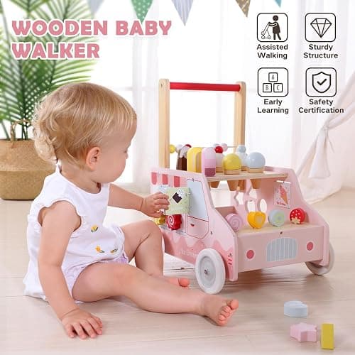 labebe Wooden Baby Walker, Push Activity Walker for Kids 12M+, Multifunctional Ice Cream Cart Activity, Adjustable Speed Learning Walking with Wheels, Birthday Gift for Girls Boys Ages 1-3 (Pink) thumbnail 8