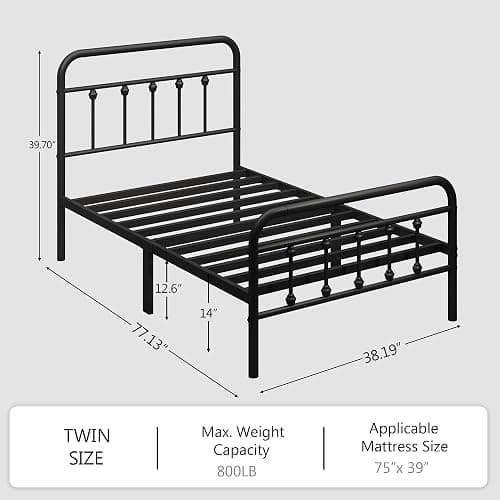 zunatu Twin Size Metal Bed Frame, Victorian Style Headboard and Footboard | Steel Slat Support Platform Bed, No Box Spring Needed, Under Bed Storage, Easy Assembly, Black thumbnail 2