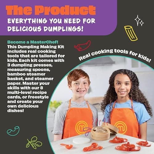 MasterChef Junior Kids Dumpling Making Set- 5 Pc Kit- Real Cookware Includes Recipes, Steamer Basket, Mold, Press Measuring Spoons Steamer Paper, Homemade Cooking Party for Dim Sum Soups Chinese Food thumbnail 3