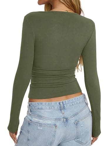 EasyGala Womens Cotton Long Sleeve Henley Shirts Sexy Square Neck Tops Slim Fit T-Shirt Trendy Outfits Fall Clothes 2026 thumbnail 6