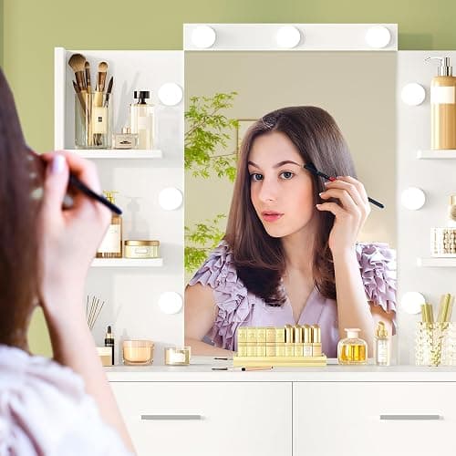 TEENFON Vanity Desk with 6 Drawers, 6 Open Shelves, Makeup Vanity with Mirror and Lights, Dressing Table with 3 Lighting Color Adjustable, Bedroom, White thumbnail 7