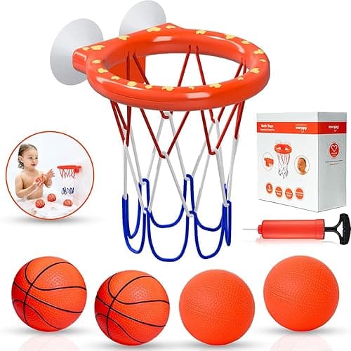 MARPPY ​Bath Toys – Bathtub Basketball Hoop for Toddlers and Kids, Mold-Free Shower Toy with 4 No-Hole Balls, Fun Bathtub Toys for Boys and Girls - Orange 4 Balls (2 Stripes, 2 Without Stripes)
