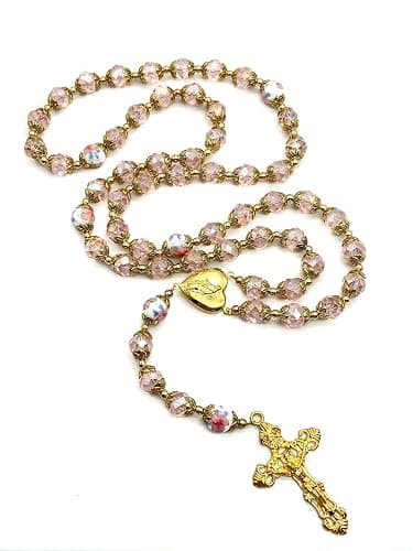 Nazareth Store Katholische Rosa Kristall Perlen Gold Rosenkranz Blumen Perlen Halskette Holy Mary Herz Medaillon Medaille & Kreuz Religiöses Amulett für Frauen thumbnail 6