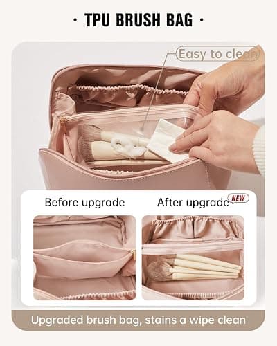 EACHY Travel Makeup Bag,Large Capacity Cosmetic Bags for Women,Waterproof Portable Pouch Open Flat Toiletry Bag Make up Organizer with Divider and Handle - Medium - AC-Pink thumbnail 3