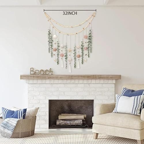 Artificial Eucalyptus Wall Decor with Seashell Coastal Decor Natural Home Decorations Hanging Wooden Bead Garland for Large Bedroom Bathroom Living Room, 32 x 32 Inch thumbnail 2