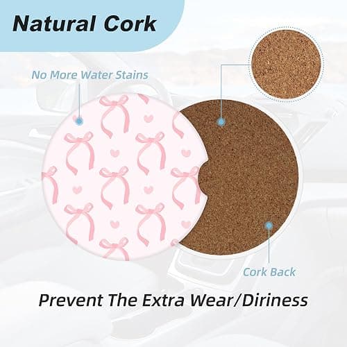 Cute Pink Bow Car Coasters for Cup Holders,2 Pack Car Cup Holder Coasters for Car,Ceramic Absorbent Car Coaster with A Finger Notch and Cork Base,Car Interior Accessories for Women Men thumbnail 4
