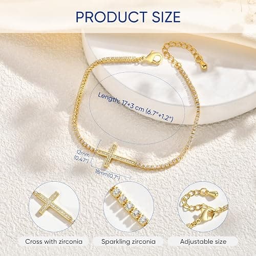 Cross Tennis Bracelets for Women : Classic Bracelet Cubic Zirconia with 14K Gold Plated Religious Wrist Chain Trendy Adjustable Link Chain Jewelry Gifts thumbnail 5