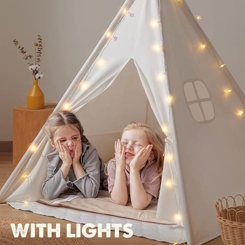 Tiny Land Teepee Tent for Kids – 100% Cotton Play Tent with Padded Mat & Star Lights, Foldable with Carry Bag, Indoor Play Tent for Girls & Boys thumbnail 4