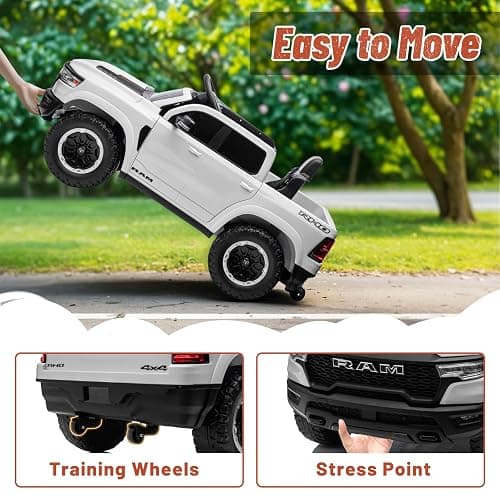 Segmart Licensed RAM 1500 12V Kids Ride on Truck, Electric Car with Remote Control, RAM Truck for Kids with Real Key Start & Gear Shifter, Bluetooth Music, Back Storage (White) thumbnail 5