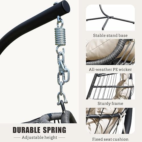 FREDEES Egg Swing Chair with Stand, Outdoor Hanging Egg Chair with Cushion for Patio/Porch/Balcony/Indoor (Beige) thumbnail 5