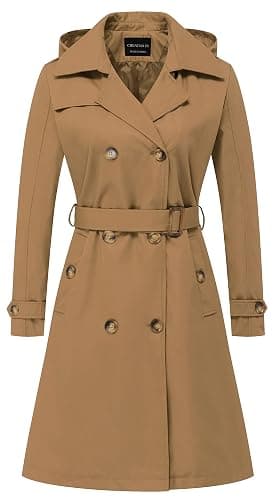 CREATMO US Women's Long Trench Coat Double-Breasted Classic Lapel Overcoat Belted Slim Outerwear Coat with Detachable Hood - Image 1