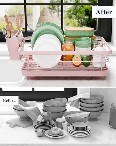 Kitsure Dish Drying Rack for Kitchen Counter, Stainless Steel Sink Organization and Storage Essentials with Cutlery Holder, Home and Appartment Decor, 12''W x 15.5''L, Pink thumbnail 6