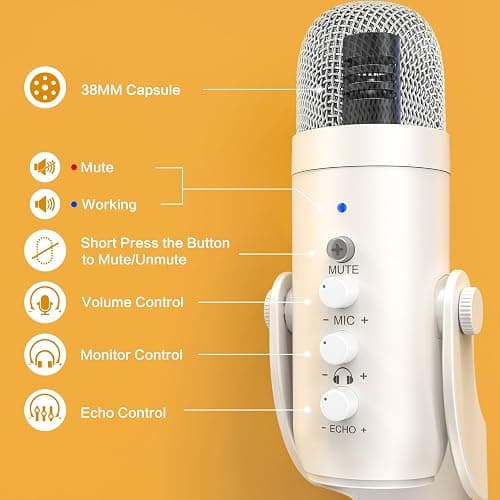 ZealSound USB Microphone,Quick Mute Noise Cancel for Phone Computer PC PS5,Gaming Microphone with Gain Control,Echo Monitor Volume Adjust for Streaming Vocal Recording ASMR Podcast Video K66 White thumbnail 4