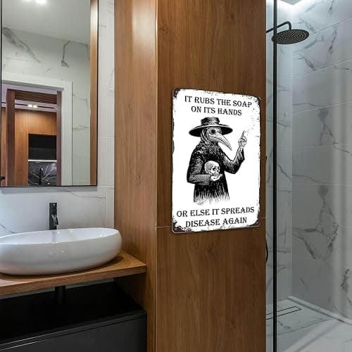 Gothic Wall Decor Halloween Bathroom Poster Goth Home Metal Signs Plague Doctor Tin Sign Funny Guest Bedroom Wall Decor It Rubs It Rubs The Soap On Its Hands Or Else It Spreads Disease Again thumbnail 2