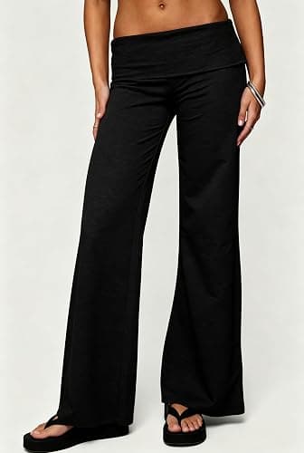Yiulangde Women Fold Over Pants Low Rise Yoga Flared Leggings Y2k Bottoms | Wide Leg Foldover Pants,Cotton Flare Leggings,Straight Leg Workout Yoga Pants,Cute Sweatpants,Pajama Lounge Work Pants Women thumbnail 3