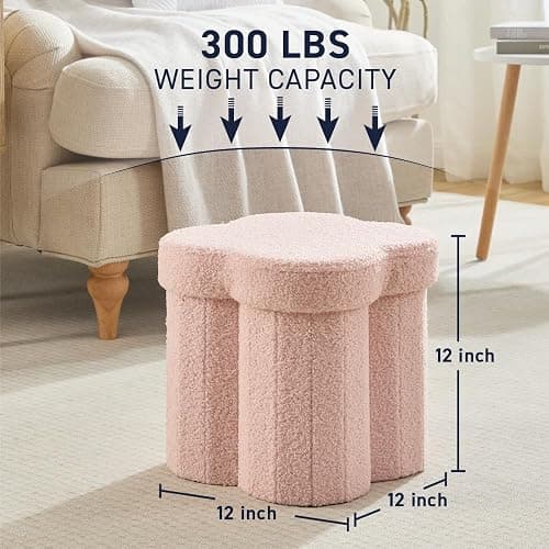 Ornavo Home Pink Boucle Storage Ottoman Cube – Flower-Shaped Footstool with Hidden Storage, Faux Teddy Fur Foot Rest for Living Room, Bedroom & Dorm, 12" Inch thumbnail 2
