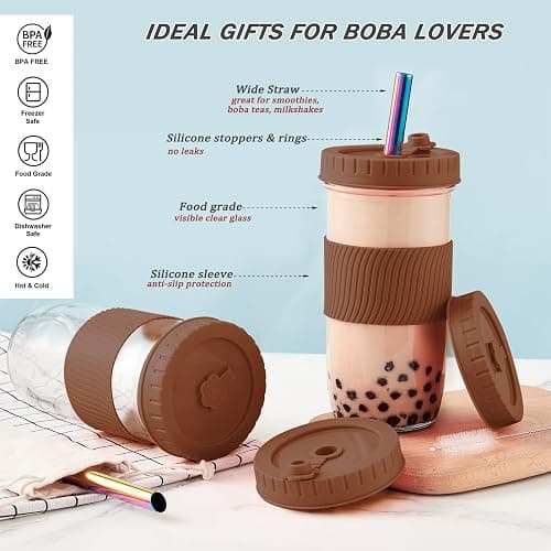 Amyoole 2 Pack Reusable Boba Cup,24Oz Wide Mouth Smoothie Cup,mason Jar Glass Cups with Lids and Straws,Bubble/Boba Tea Cups,Ice Coffee Tumbler 2 colored straws 1 sponge brush(Brown) thumbnail 5