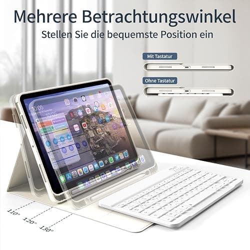 KVTVOU für iPad 11. Generation A16 2025, für iPad 10. Generation 2022 10,9 Zoll Hülle mit Tastatur, Ganzkörper-Absturzsicherung, Bluetooth Abnehmbarer QWERTZ Tastatur, Cremeweiß thumbnail 3