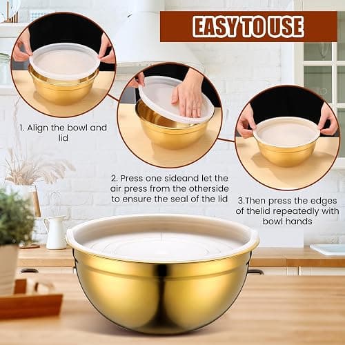 Teenyyou Gold Mixing Bowls with Airtight Lids Stainless Steel Mixing Bowl Set of 5, 4 Metal Nesting Organizers 4 in 1 Colander Non-slip Bottom Size 1.5, 2.0, 2.5, 4.0 Qt for Baking Serving Food thumbnail 3