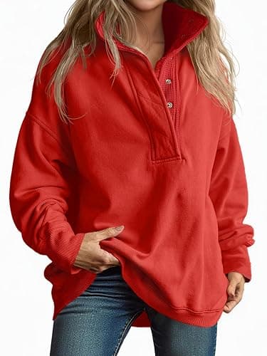 Fisoew Womens Oversized Sweatshirt Casual Snap Stand Collar Long Sleeve Pullover Tops Fall Travel Outfits - Image 1