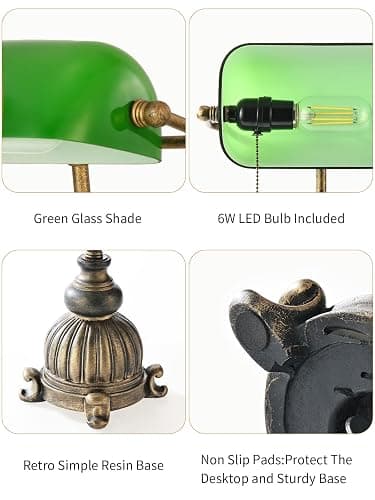 Newrays Retro Green Glass Bankers Desk Lamp for Home Office,Library with Pull Chain Switch Plug in Fixture, LED Bulb Included thumbnail 6