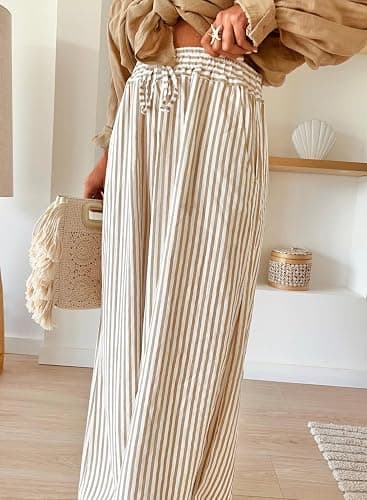 Acelitt Women Casual Drawstring Elastic Waist Striped Wide Leg Pants with Pockets, S-XXL thumbnail 2