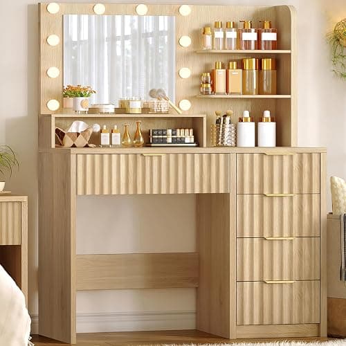 FIONESO Vanity Desk with Mirror and Lights, Makeup Vanity with 5 Drawers & Storage Shelves, 3 Color Modes & Adjustable Brightness, Fluted Vanity for Girls, Natural thumbnail 3