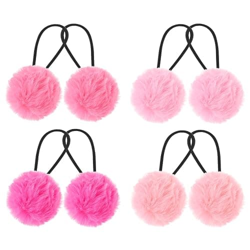 Lusofie 4 Pairs Pom Pom Hair Ties - 8pcs Baby Hair Pom Poms Halloween | Elastic Fluffy Hair Ties Hot Pink Hair Accessories ，Christmas Hair Pom Poms , fuzzy scrunchies - Image 1