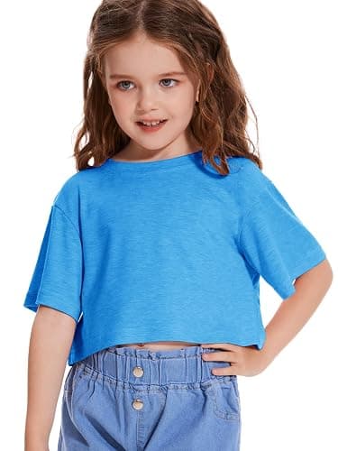 Girls Short Sleeve Crop Tops Kids Fashion Oversized Cute Crew Neck Cropped Athletic T Shirts Trendy Boxy Tee - Lake Blue - 13-14 Years thumbnail 3