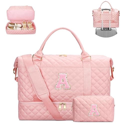 CLOUDWINGS Girl Gift-Women Birthday Gifts-Gifts for Teenage Girls Initial Travel Duffle Bag Quilted Weekender Overnight with Cosmetic Bag, Gym Bag with Shoe Compartment Personalized Bag, Pink A - Image 1
