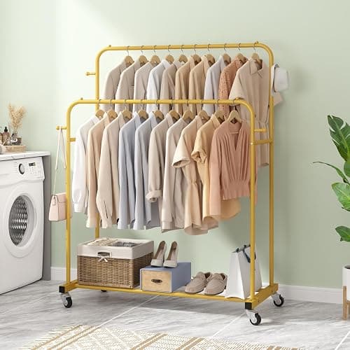 Laiensia Double Rods Garment Rack with Wheels, Clothing Rack for Hanging Clothes,4 Hooks, Multi-functional Bedroom Clothes Rack, Gold thumbnail 2
