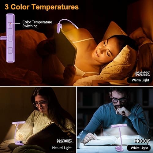 Gritin 19 LED Rechargeable Book Light for Reading in Bed with Memory Function- Eye Caring 3 Color Temperatures,Stepless Dimming Brightness,80 Hrs Runtime Clip on Light for Book Lovers-Purple thumbnail 3
