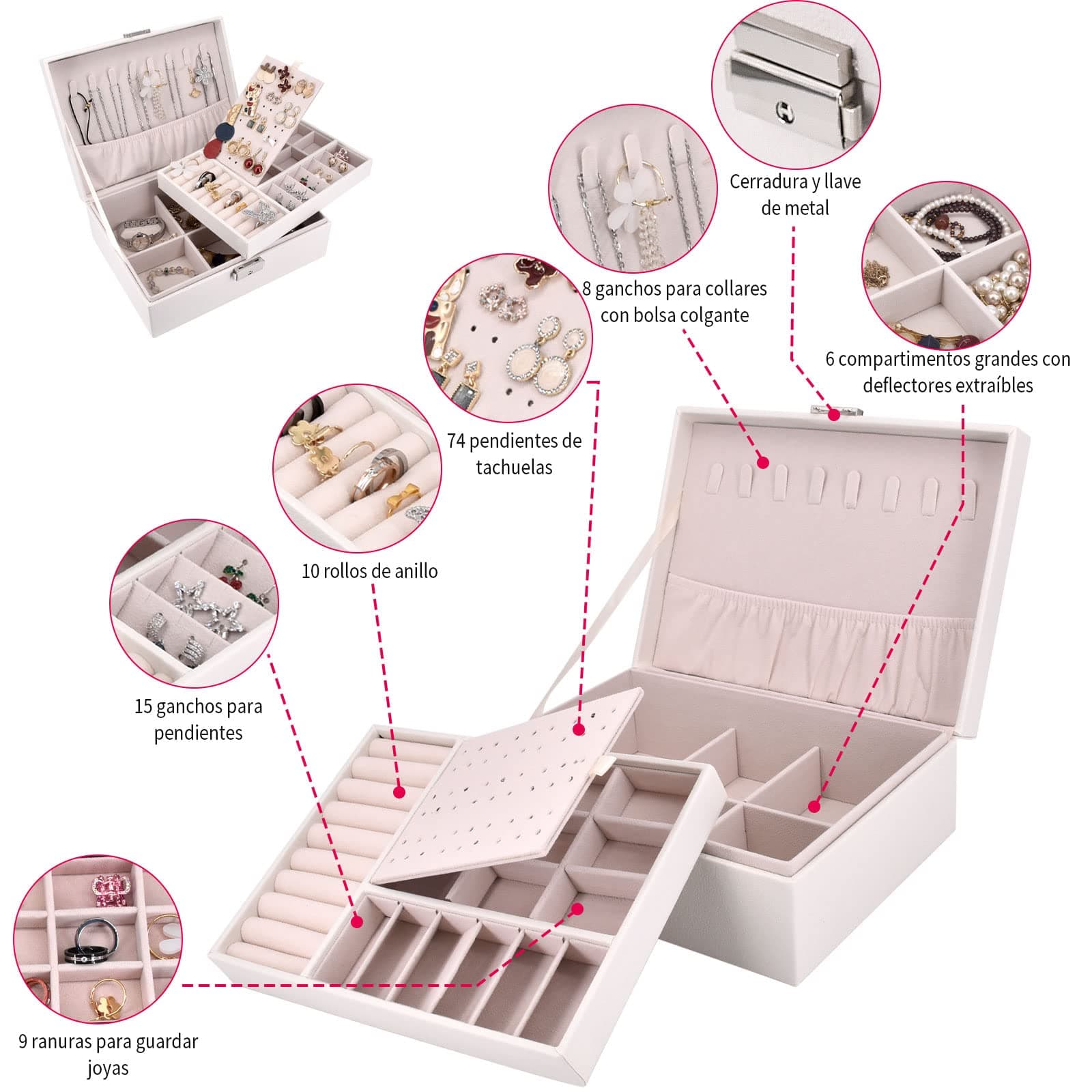 Estuche de Joyas, Caja Joyero con 4 Gris Cordón Bolsitas de Joyas para Pendientes, Guardar Joyas Accesorios Decoración Pulseras Anillos(Blanco) thumbnail 2