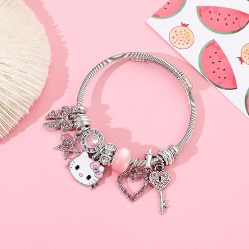 Hello Jewelry Bracelet Charms Braclet, Kawaii Pink Kitty Bangle Women Matching Accessories, for Teen Graduation Birthday Gifts Stuff thumbnail 5