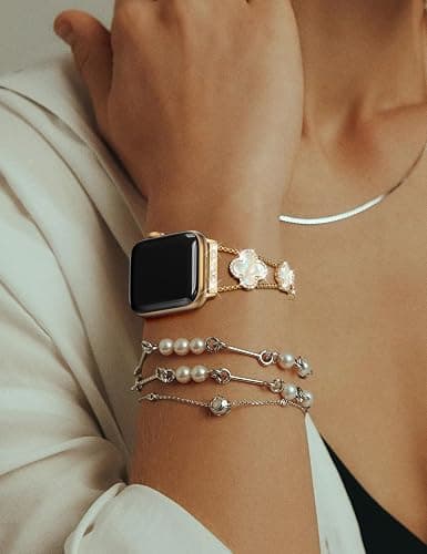 CTYBB Bling Diamond Band Compatible with Apple Watch Bands for Women 40mm 41mm 38mm 42mm Series 11 10 9 8 7 6 5 4 SE 3 2 1, Sparkle Metal Bracelet Wristband, Cute Lucky Clover Dressy iWatch Band,Gold/White thumbnail 6