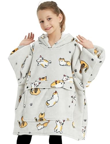 KFUBUO Wearable Blanket Hoodie for Kids Sherpa Patterns Oversized Sweatshirt Blanket With Pocket 6-10 Year Old Girl Boy Birthday Gifts Cat thumbnail 4