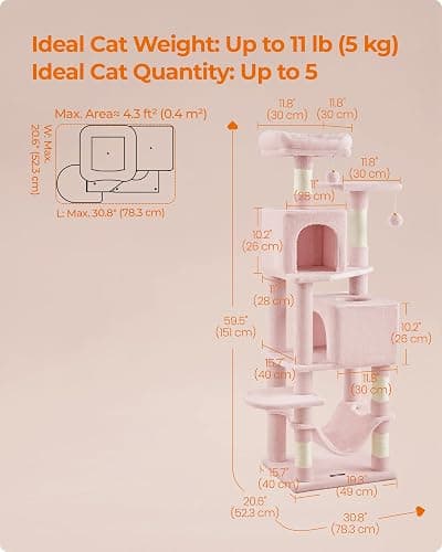 Feandrea Cat Tree, 59.5-Inch Tall Cat Tower, Plush Multi-Level Condo with 5 Scratching Posts, 2 Perches, 2 Caves, Hammock, 2 Pompoms, Jelly Pink UPCT192P01 thumbnail 5