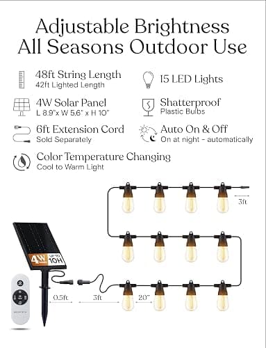 Brightech 48 (42+6) FT Ambience Pro Outdoor Solar String Lights - Bright Remote Control Color Adjustable Solar Light - Commercial Grade, 15 Waterproof LED Bulbs for Patios, Camping, Yard, Outside thumbnail 7